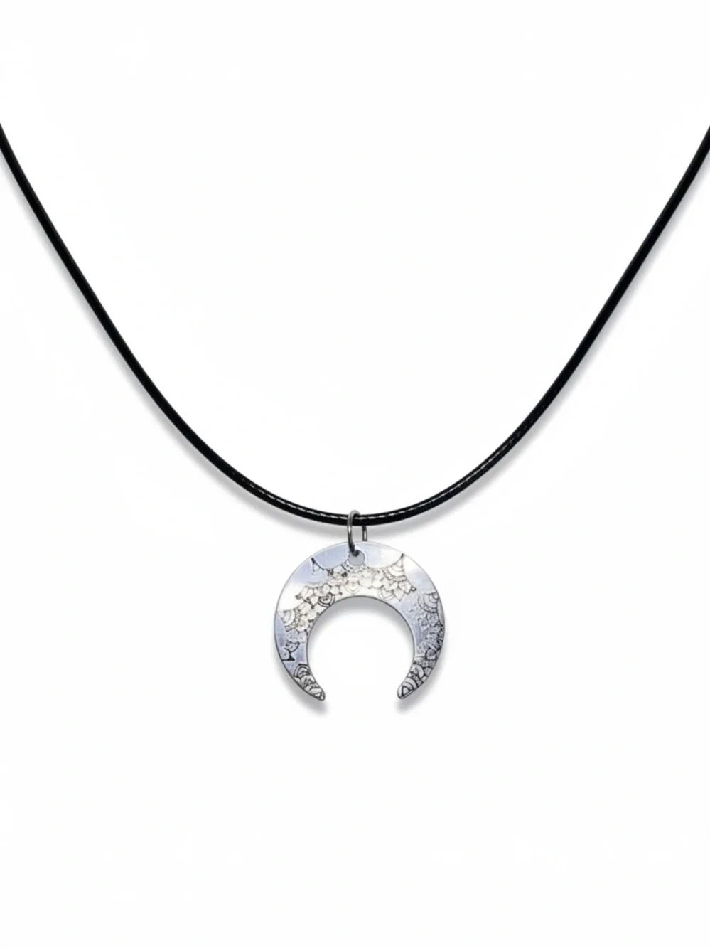 Handmade stamped floral crescent moon silver adjustable‎ black leather necklace